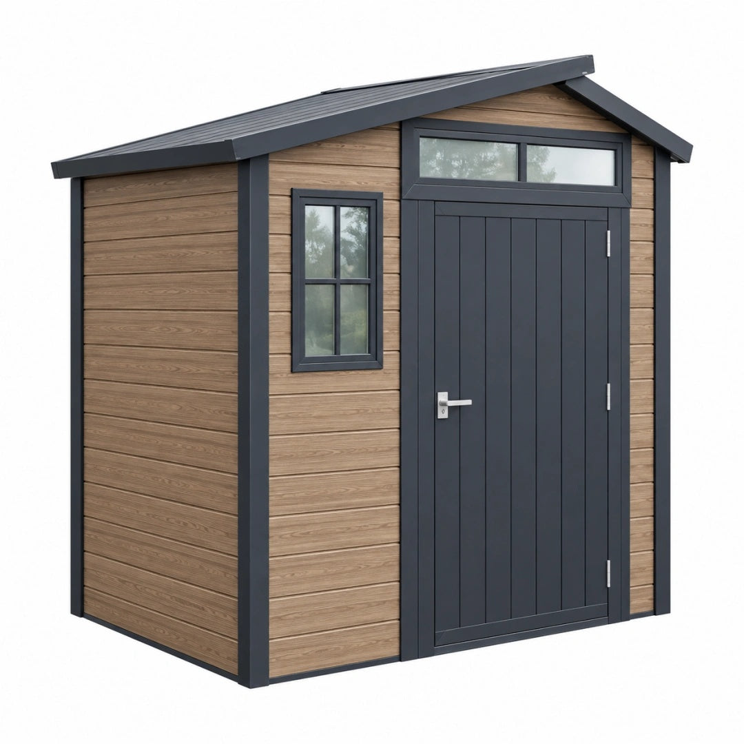Abri de jardin 200 x 150 x 210 cm aspect bois brun et anthracite avec porte vitrée