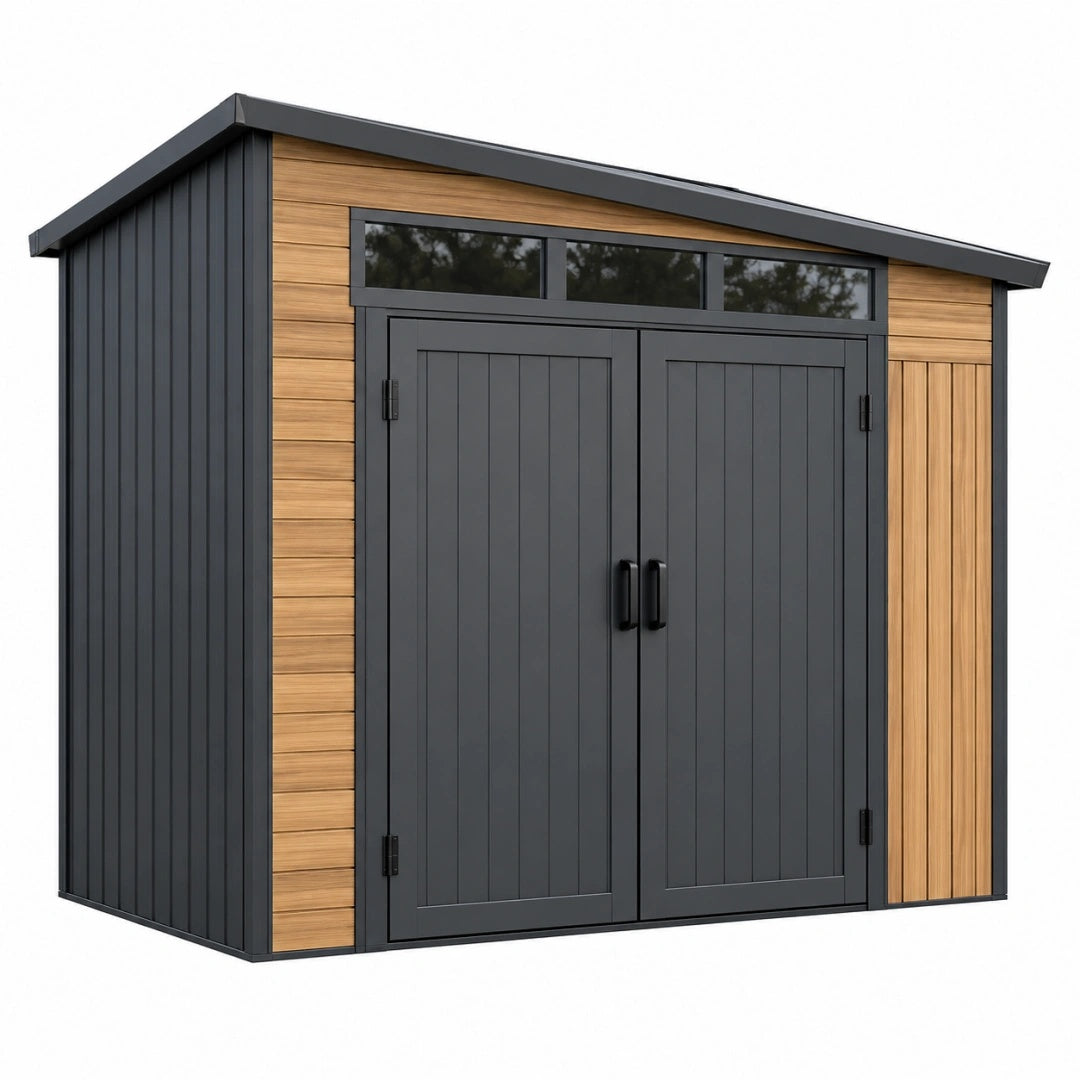 Abri de jardin 240 x 180 x 220 cm en acier anthracite et aspect bois avec double porte