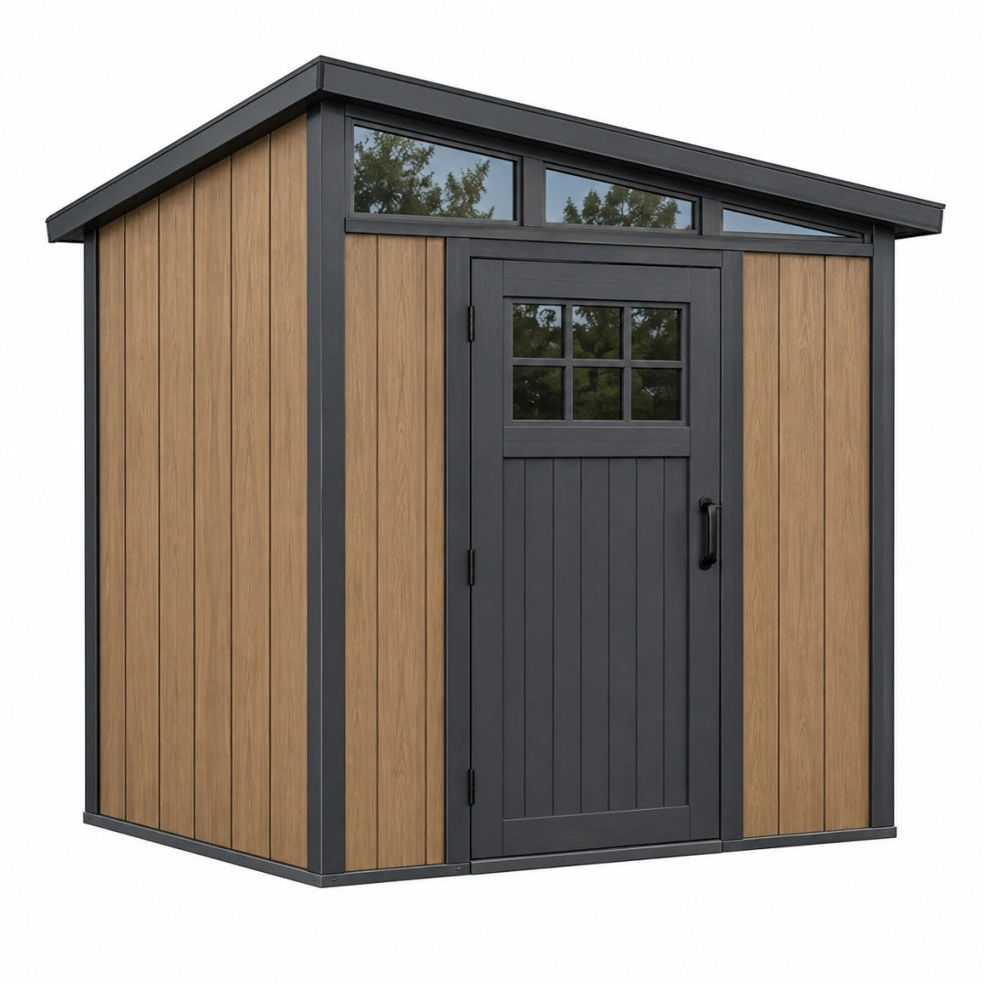 Abri de jardin 180 x 120 x 210 cm panneaux aspect bois marron porte noire toit monopente