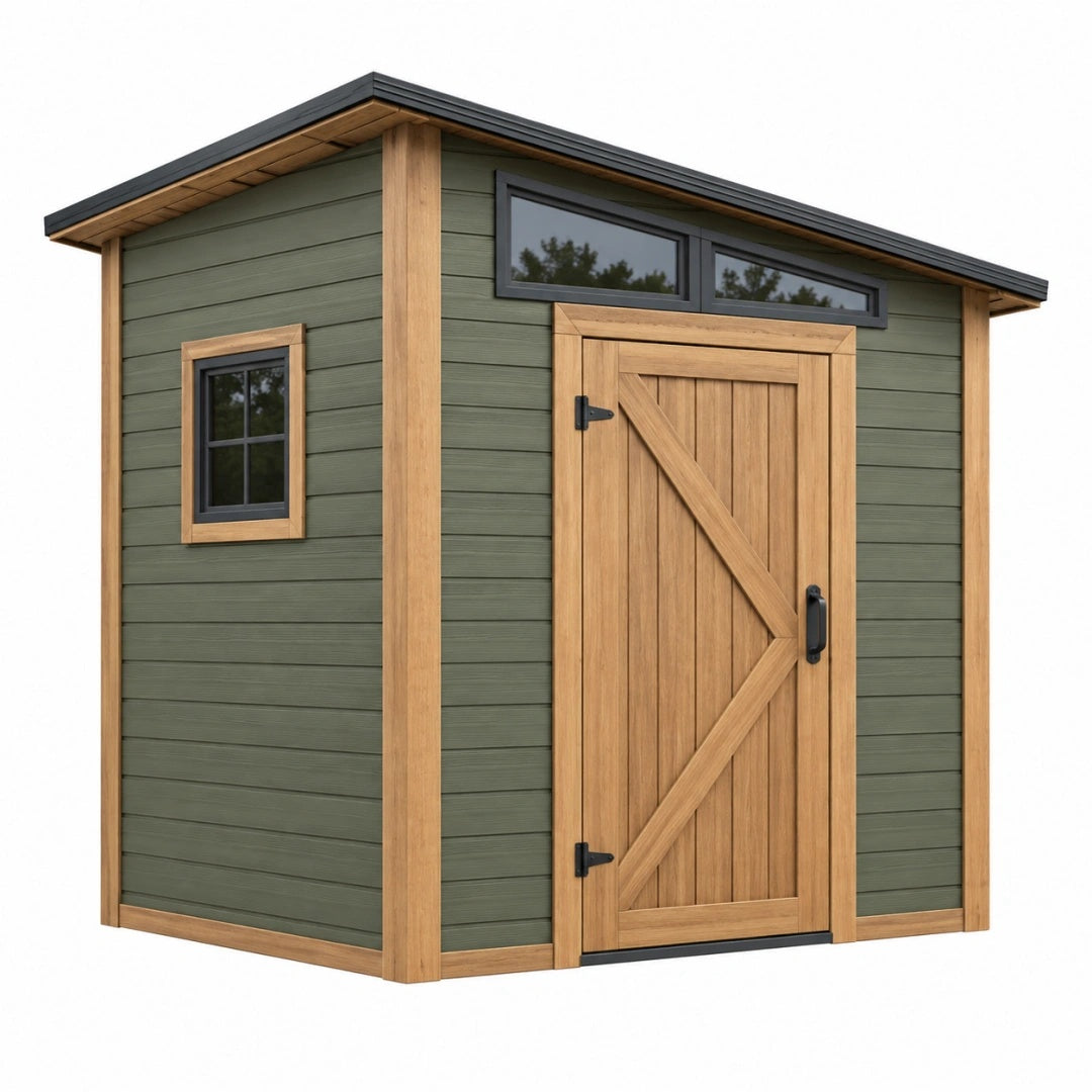 Abri de jardin 240 x 180 x 220 cm en bois vert style contemporain avec porte