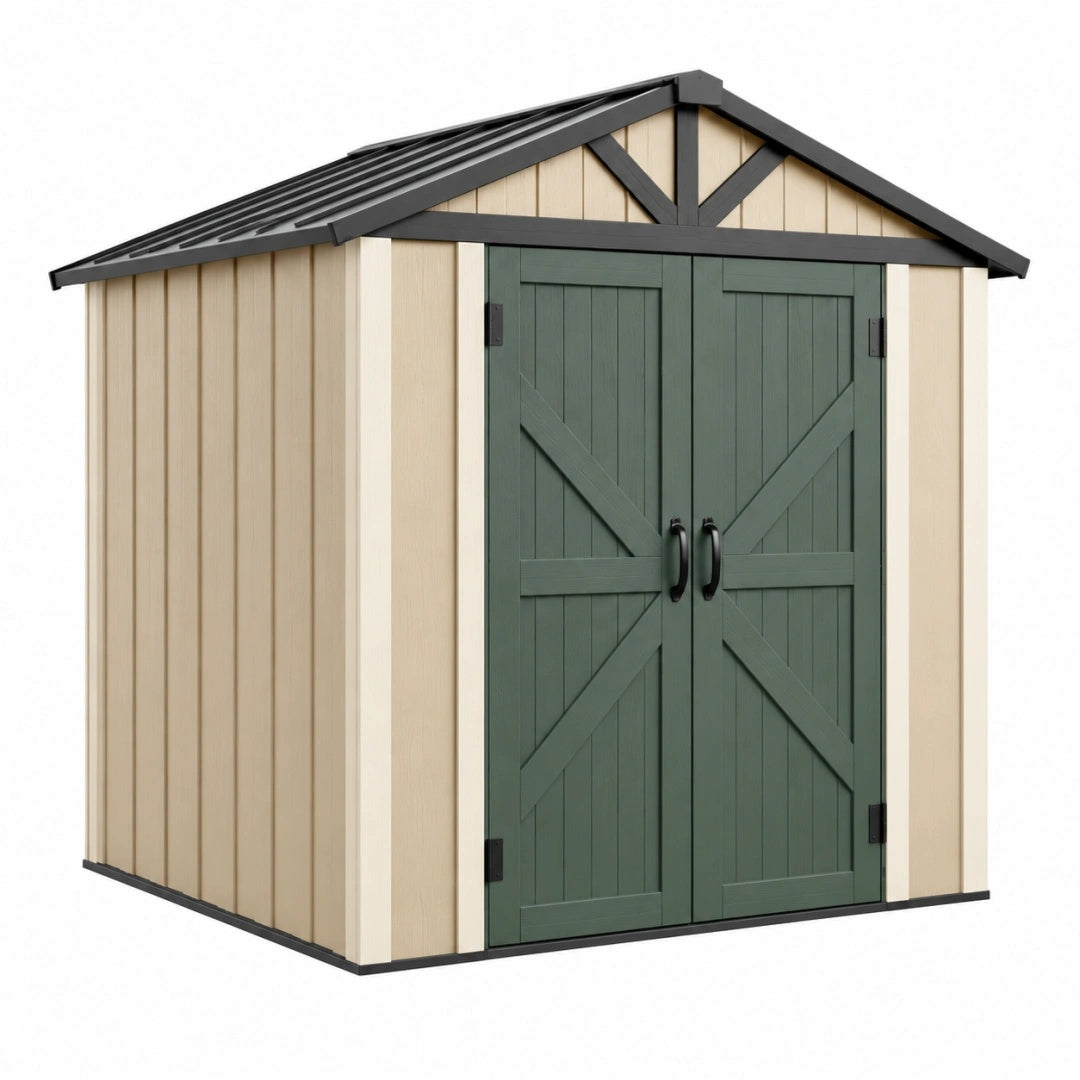Abri de jardin 200 x 120 x 190 cm en résine beige et vert avec double porte et toit incliné