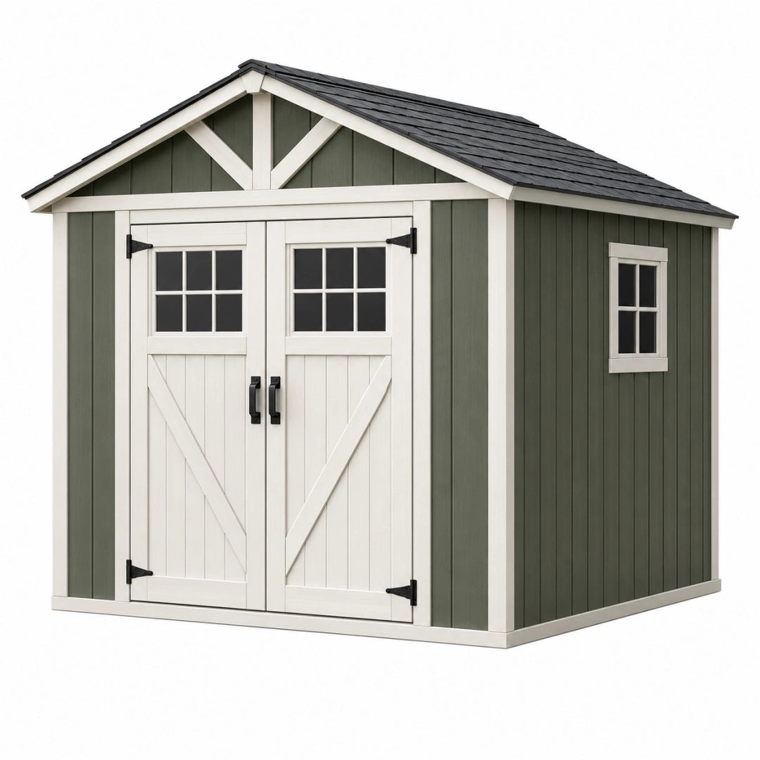 Abri de jardin 240 x 180 x 220 cm en bois vert gris à double porte style chalet