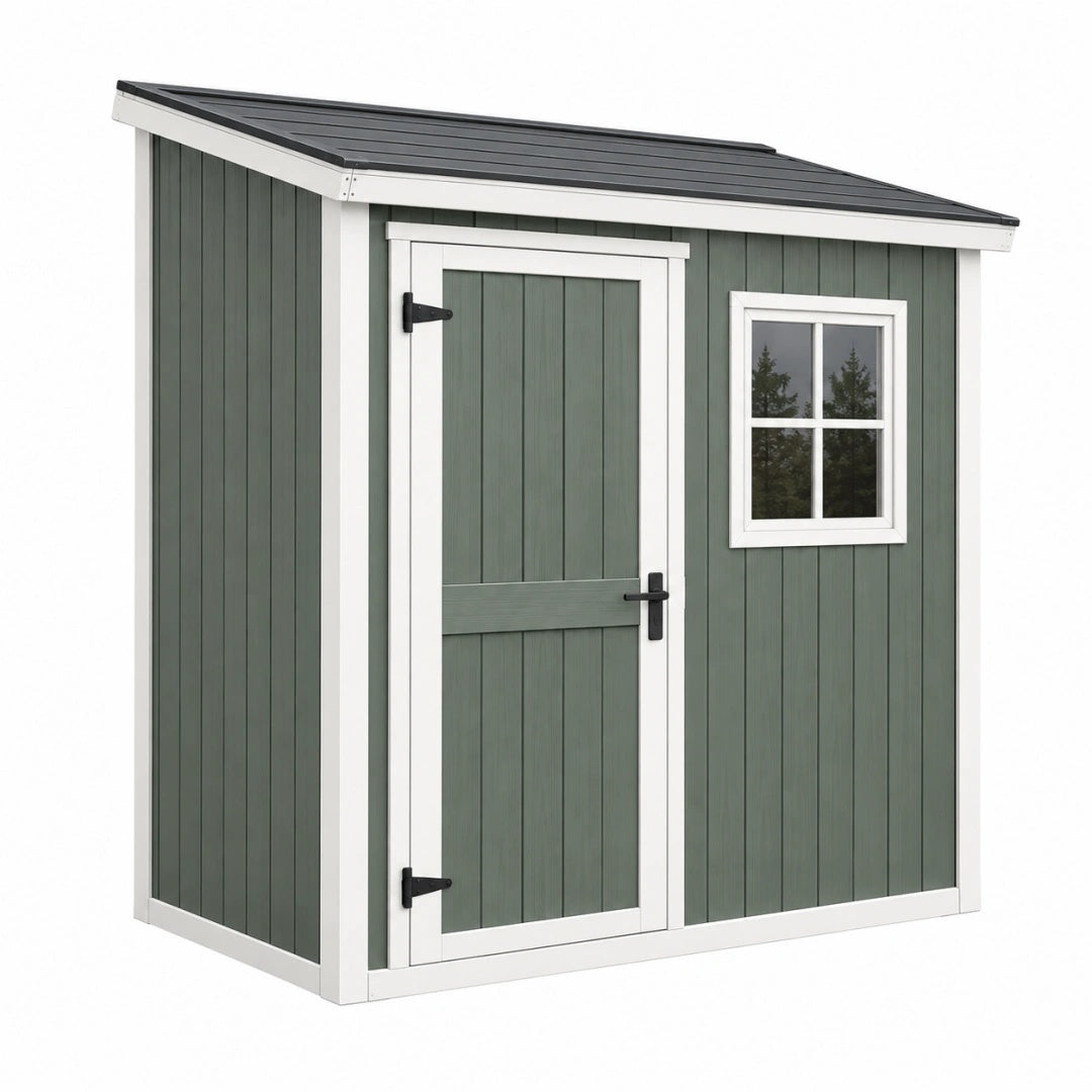 Abri de jardin 191 x 121 x 201 cm en résine vert gris avec toit incliné