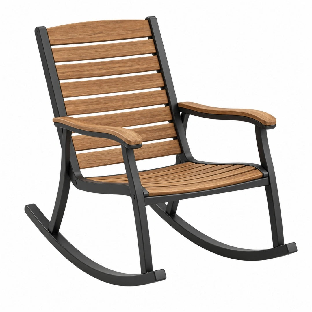 Fauteuil à bascule 65 x 95 x 110 cm en métal et bois marron noir pour extérieur