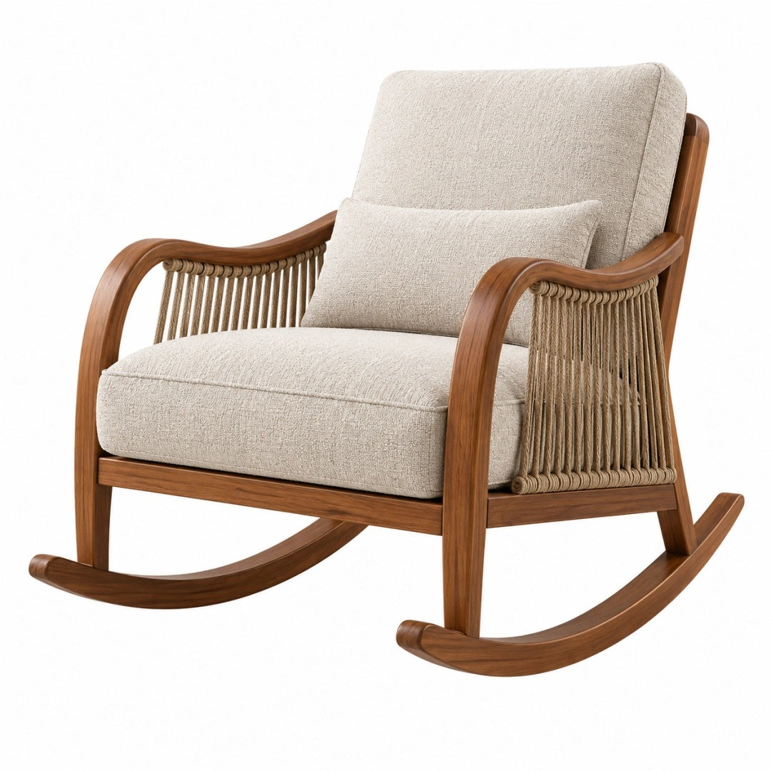 Fauteuil à bascule 82 x 92 x 98 cm en bois brun et tissu beige tressé