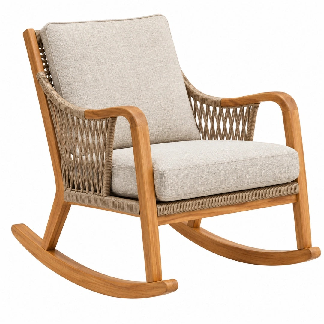 Fauteuil à bascule 92 x 70 x 100 cm en bois naturel et tissu beige style bohème