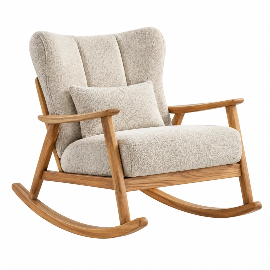 Fauteuil à bascule 75 x 95 x 104 cm en bois et tissu bouclé beige