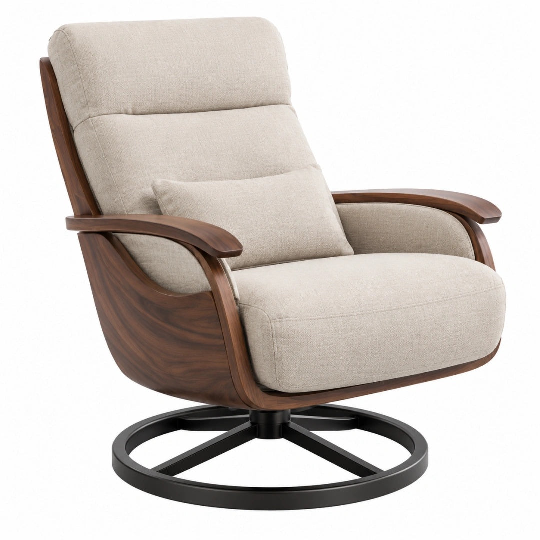 Fauteuil pivotant 82 x 90 x 105 cm en tissu beige et bois brun - salon contemporain