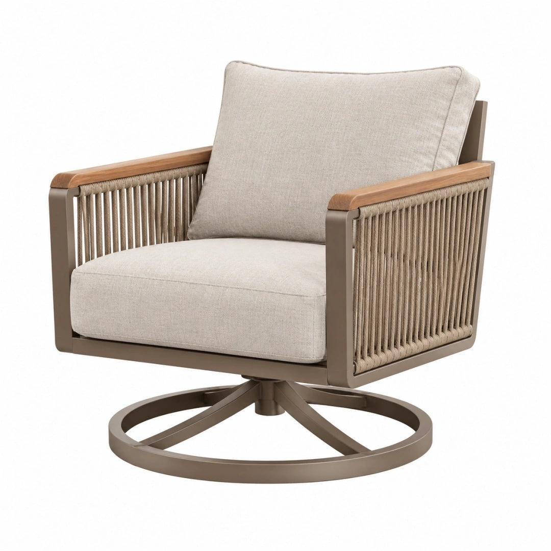 Fauteuil de jardin pivotant 80 x 85 x 87 cm en métal corde et tissu beige style contemporain