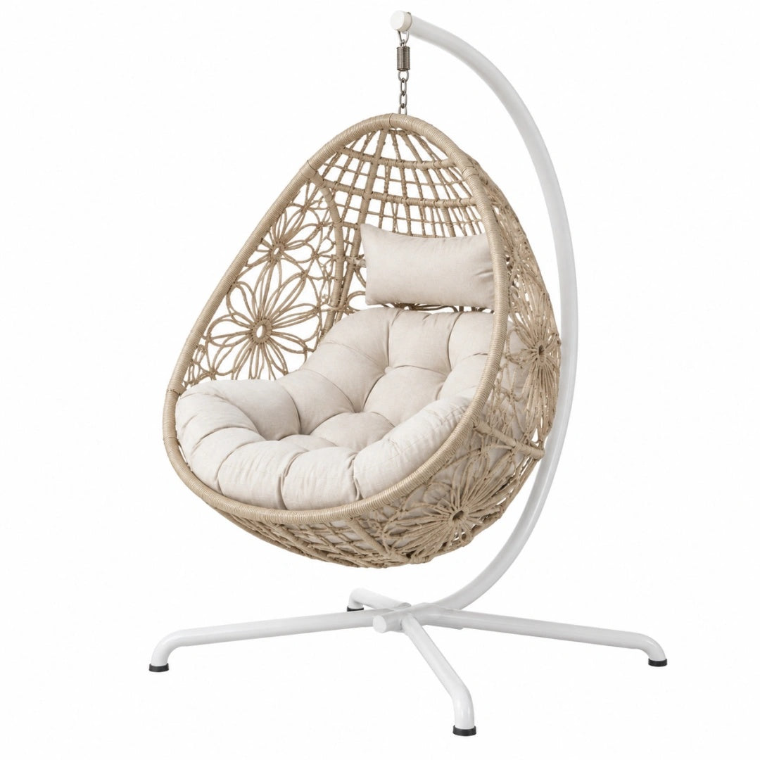 Fauteuil suspendu 105 x 105 x 195 cm en fibres tressées beige avec support métallique blanc style bohème