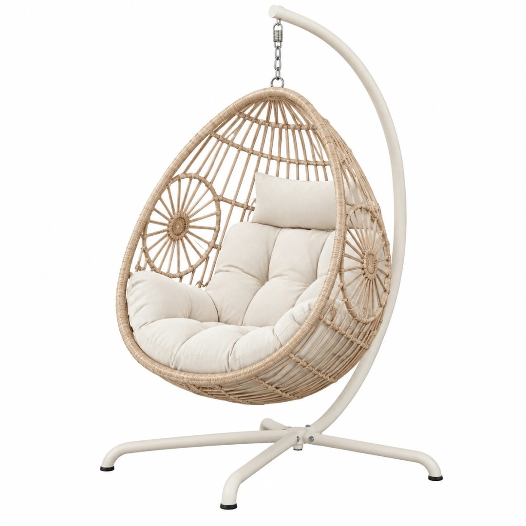 Fauteuil suspendu 105 x 105 x 195 cm en rotin beige avec support style bohème