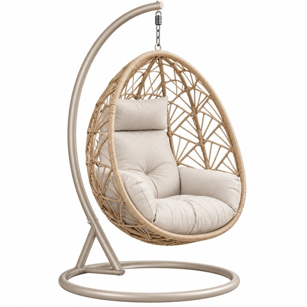Fauteuil suspendu 105 x 105 x 195 cm en rotin beige avec support en métal style bohème