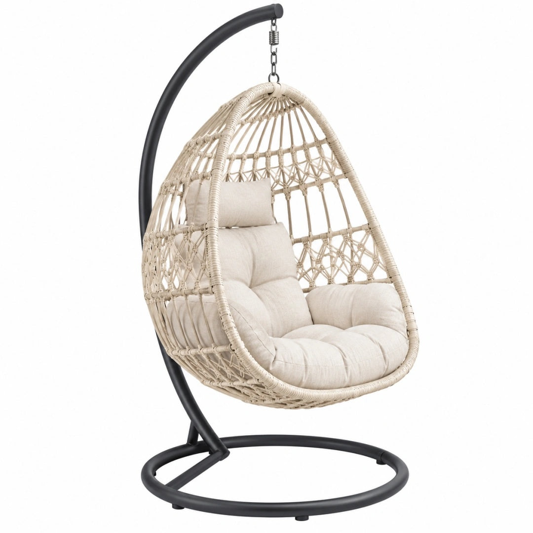 Fauteuil suspendu 105 x 105 x 195 cm en corde tressée beige support acier noir style bohème