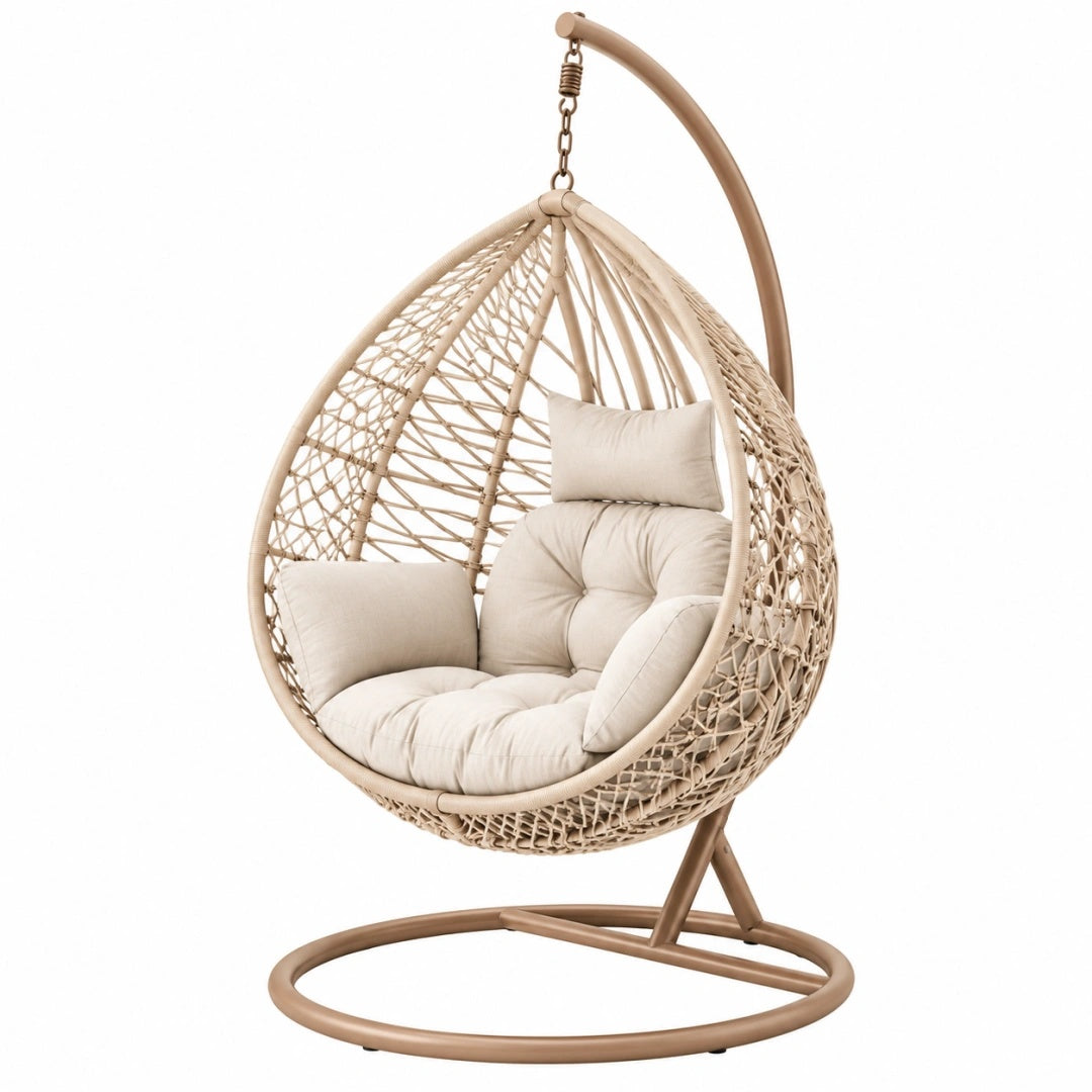 Fauteuil suspendu 105 x 105 x 195 cm en acier et tressage synthétique beige avec support