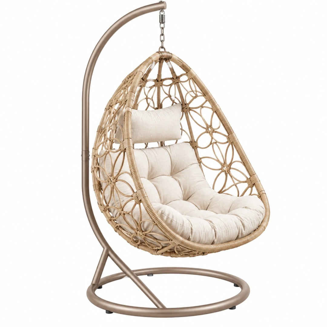 Fauteuil suspendu 105 x 105 x 195 cm en métal et tressage beige avec assise rembourrée