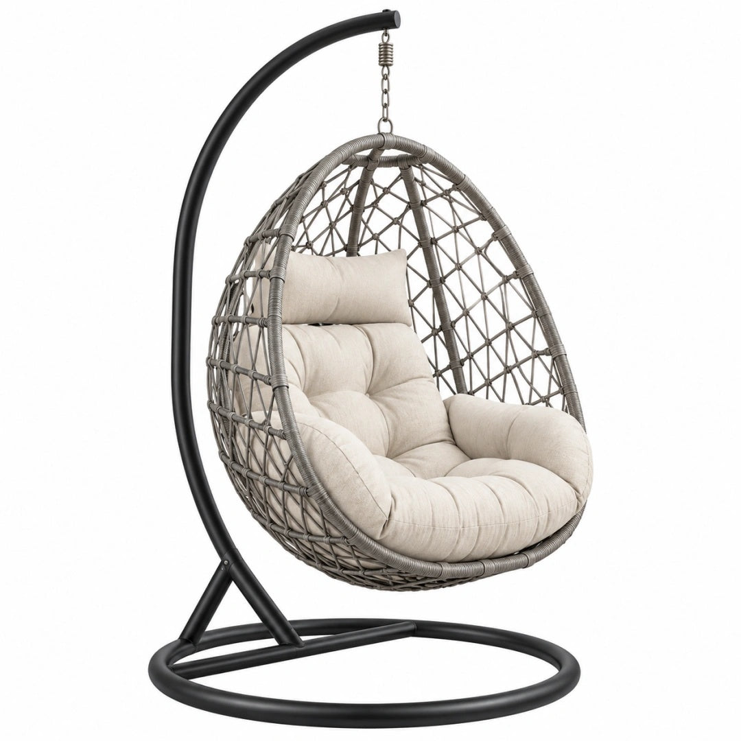 Fauteuil suspendu 105 x 105 x 195 cm en métal et résine tressée gris/noir avec assise rembourrée