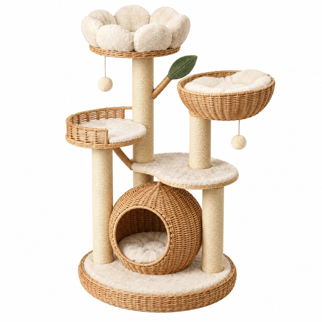 Arbre à chat 55 x 55 x 140 cm en osier beige avec poteaux en sisal style naturel à plusieurs niveaux