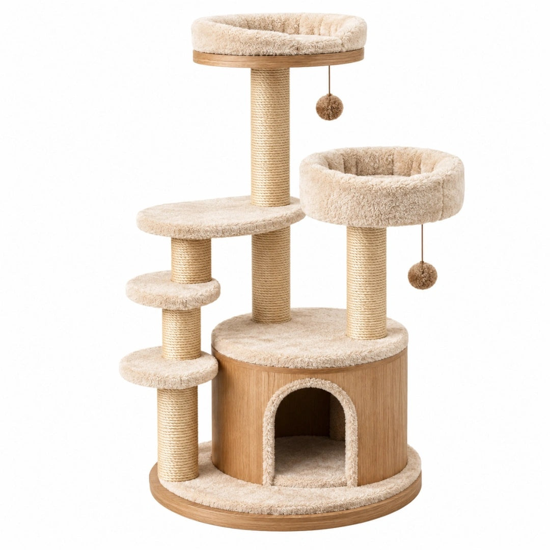 Arbre à chat 60 x 60 x 130 cm beige en sisal avec niches plateformes et griffoirs
