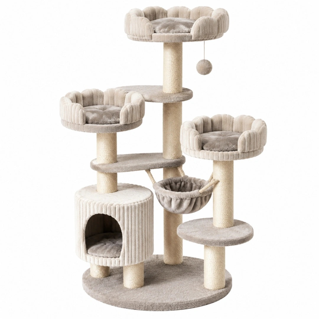 Arbre à chat 80 x 60 x 170 cm en sisal et peluche beige avec niches hamac plateformes et jouet suspendu