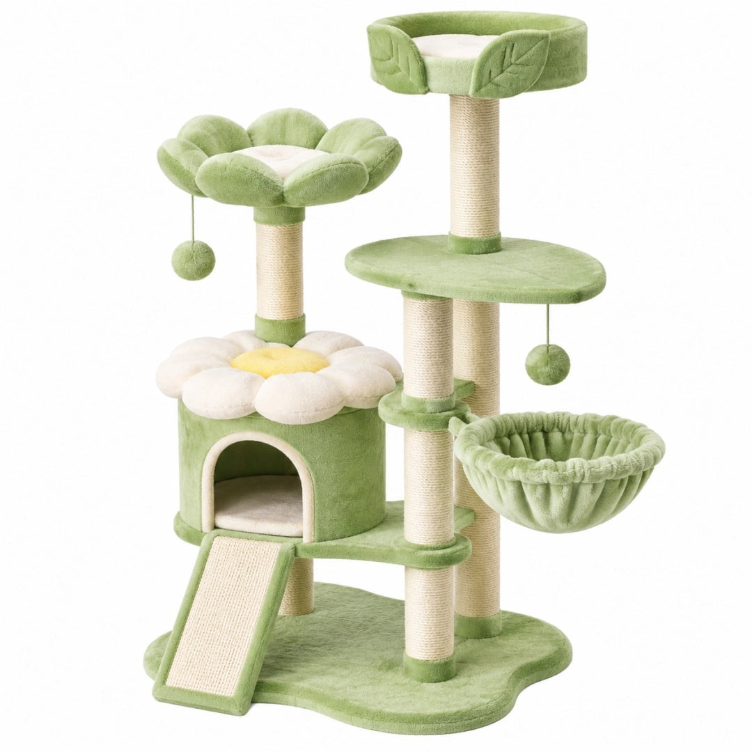 Arbre à chat 60 x 50 x 155 cm vert en sisal et peluche avec niches plateformes et hamac