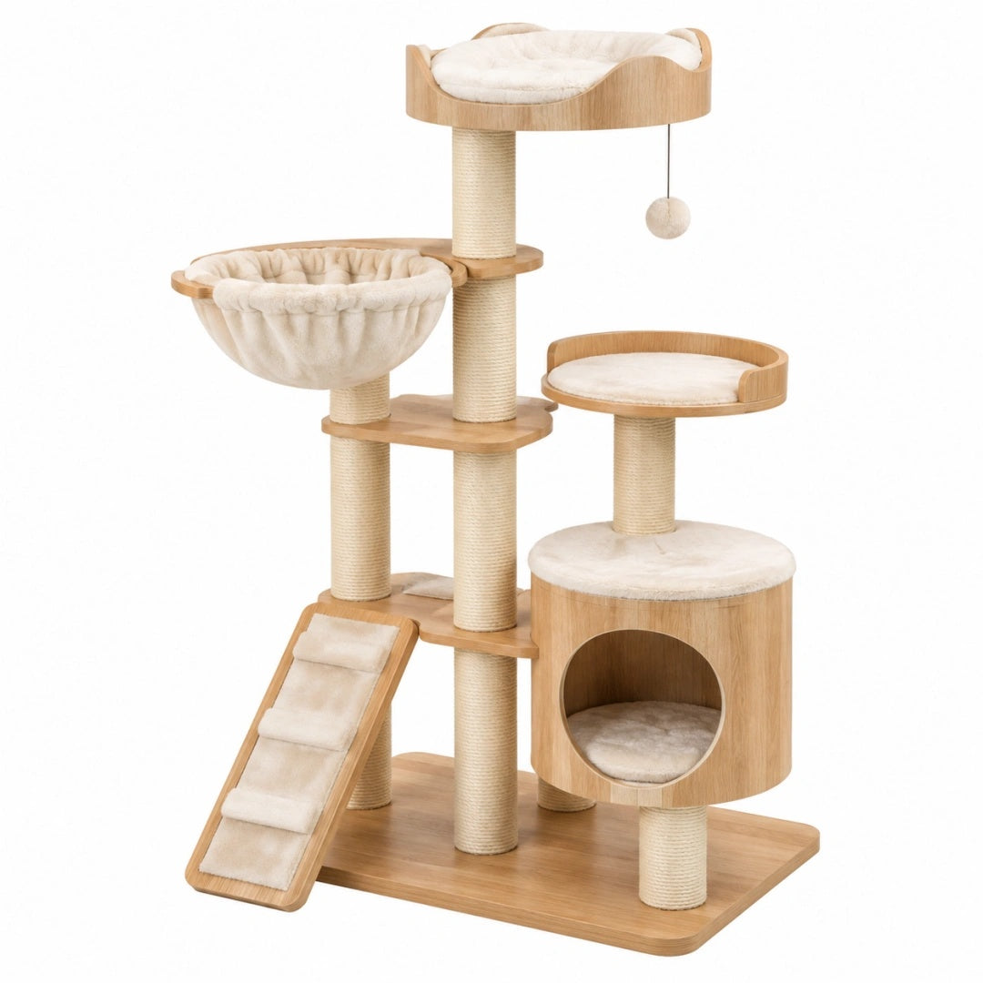 Arbre à chat 60 x 50 x 150 cm en bois beige avec poteaux en sisal espaces de repos et griffoirs
