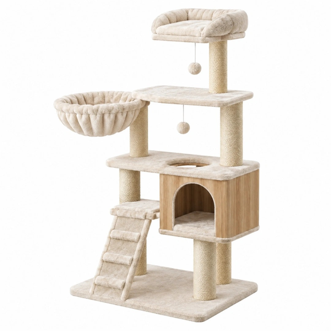Arbre à chat 60 x 50 x 145 cm en bois et peluche beige avec griffoirs et niche