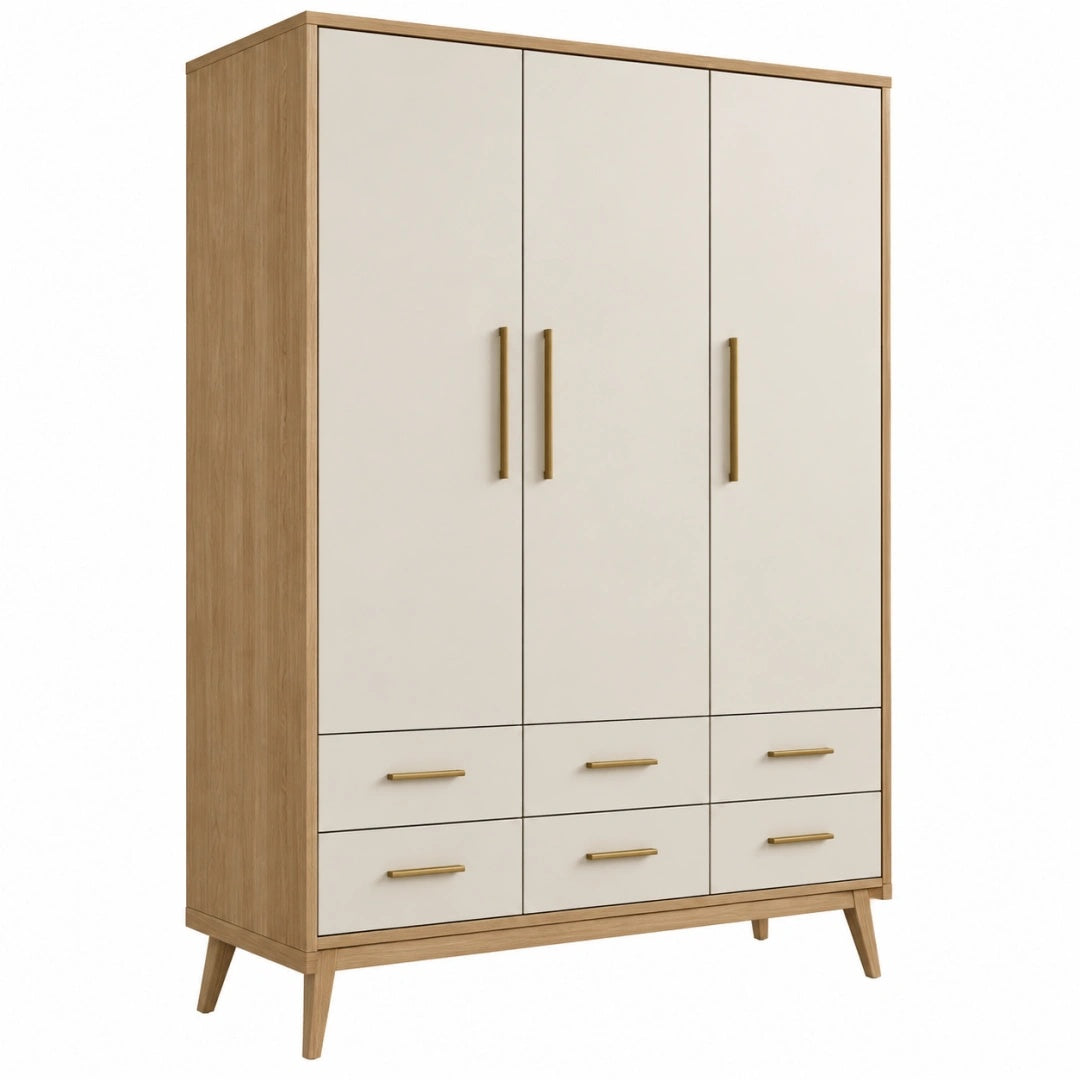 Armoire 3 portes 150 x 55 x 190 cm en panneaux de bois beige et bois clair style scandinave