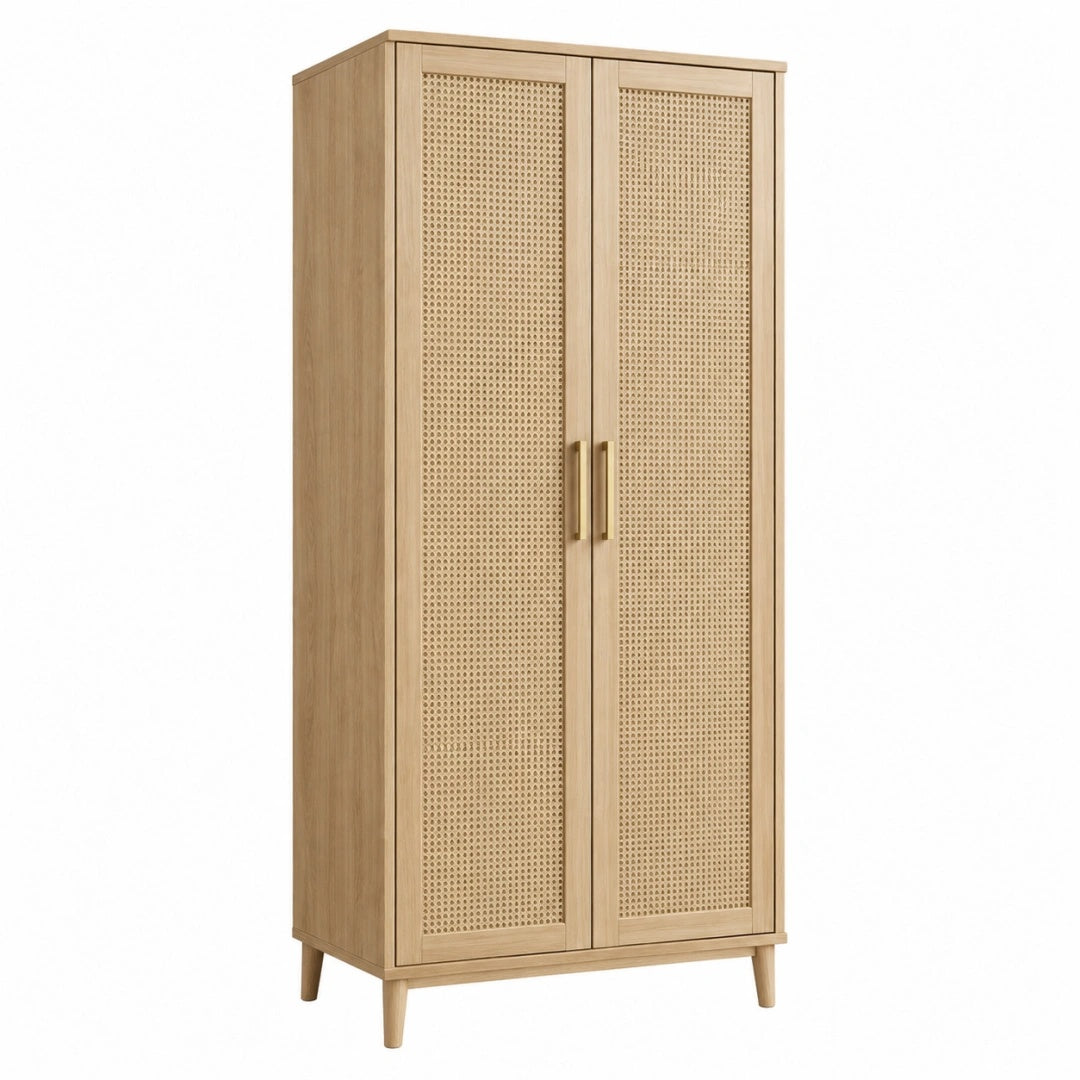 Armoire 90 x 50 x 190 cm en bois beige à 2 portes cannées style bohème