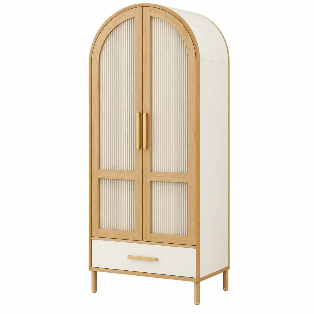 Armoire 100 x 50 x 200 cm en bois et panneaux blanc chêne à 2 portes avec tiroir style arqué