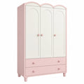Armoire 3 portes 120 x 55 x 190 cm en bois rose et blanc avec tiroirs style enfant