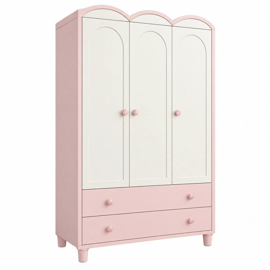 Armoire 3 portes 120 x 55 x 190 cm en bois rose et blanc avec tiroirs style enfant